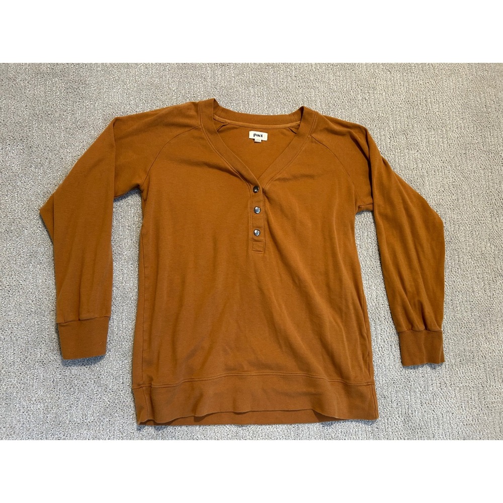 Pact Womens Organic Cotton Henley V-Neck Sweatshirt Rust‎ Orange Long Sleeve L